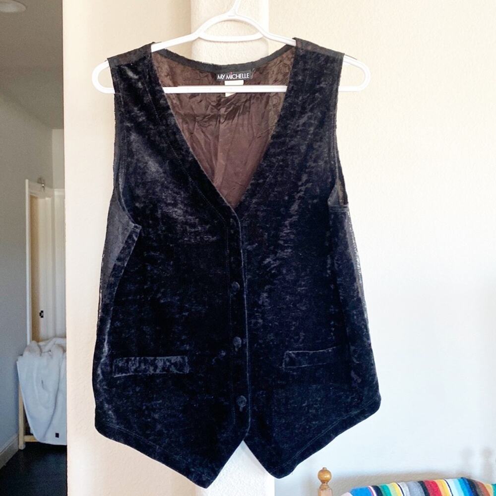 Vintage My Michelle 90s crushed black velvet lace back vest size M holiday chic